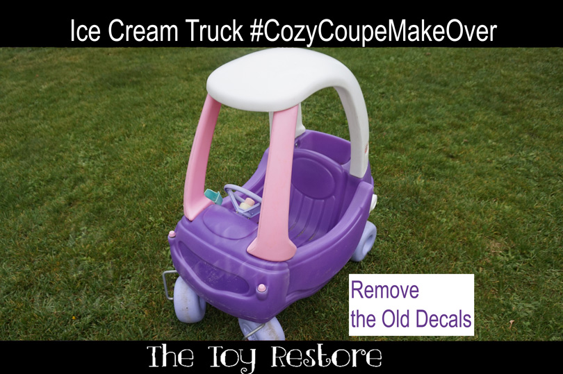 An Icecream Truck Cozy Coupe Makeover: Remove the Old Decal, and Throughly Wash it.